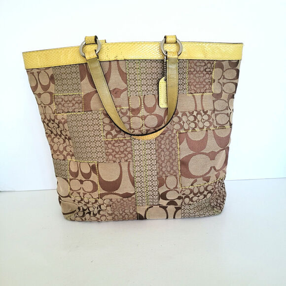 Coach Legacy Signature Patchwork Tote F20075 Shoulder Bag Brown Yellow Retro - Picture 1 of 11
